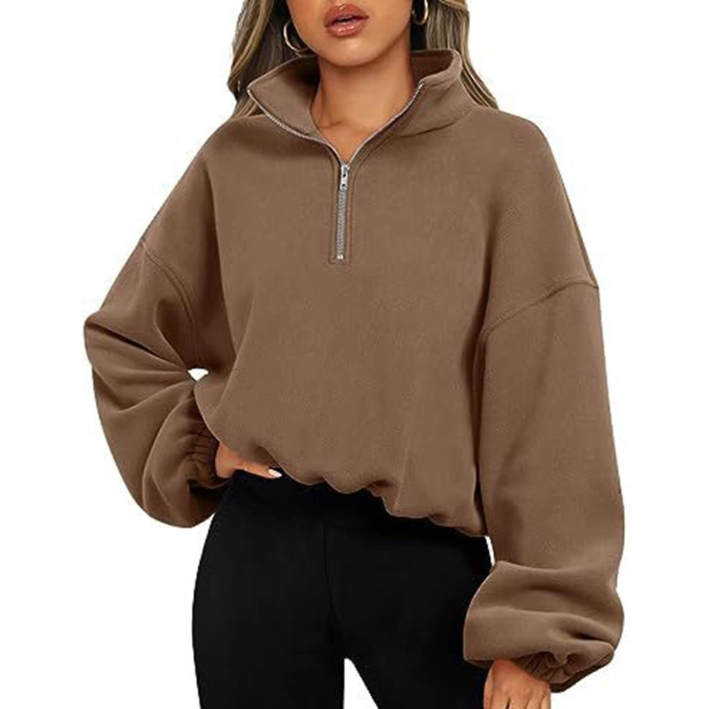 Women Half Zip Fleece Jacket Stand Collar Long Sleeve Pure Color Lady Drawstring Pullover Jacket for Daily Caramel Color M