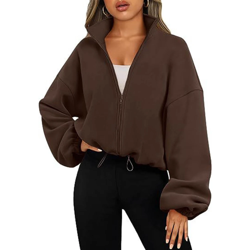 Zip Up Short Fleece Jacket Women Plain Color Long Sleeve Stand Collar Drawstring Elastic Waist Fleece Coat Coffee S