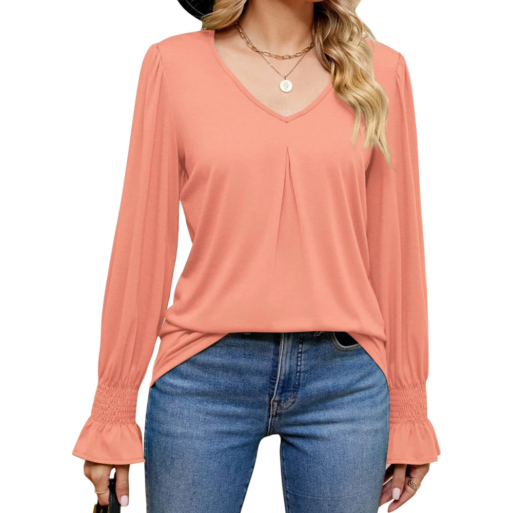 Women Casual Pullover Blouse V Neck Shirred Pure Color Leisure Loose Shirt Long Sleeve Basic Blouse Pink L