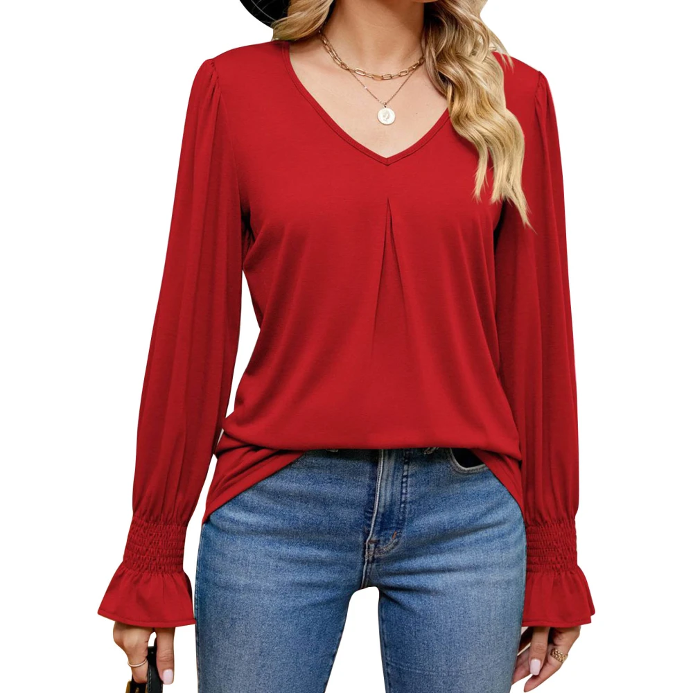 Women Casual Pullover Blouse V Neck Shirred Pure Color Leisure Loose Shirt Long Sleeve Basic Blouse Red M