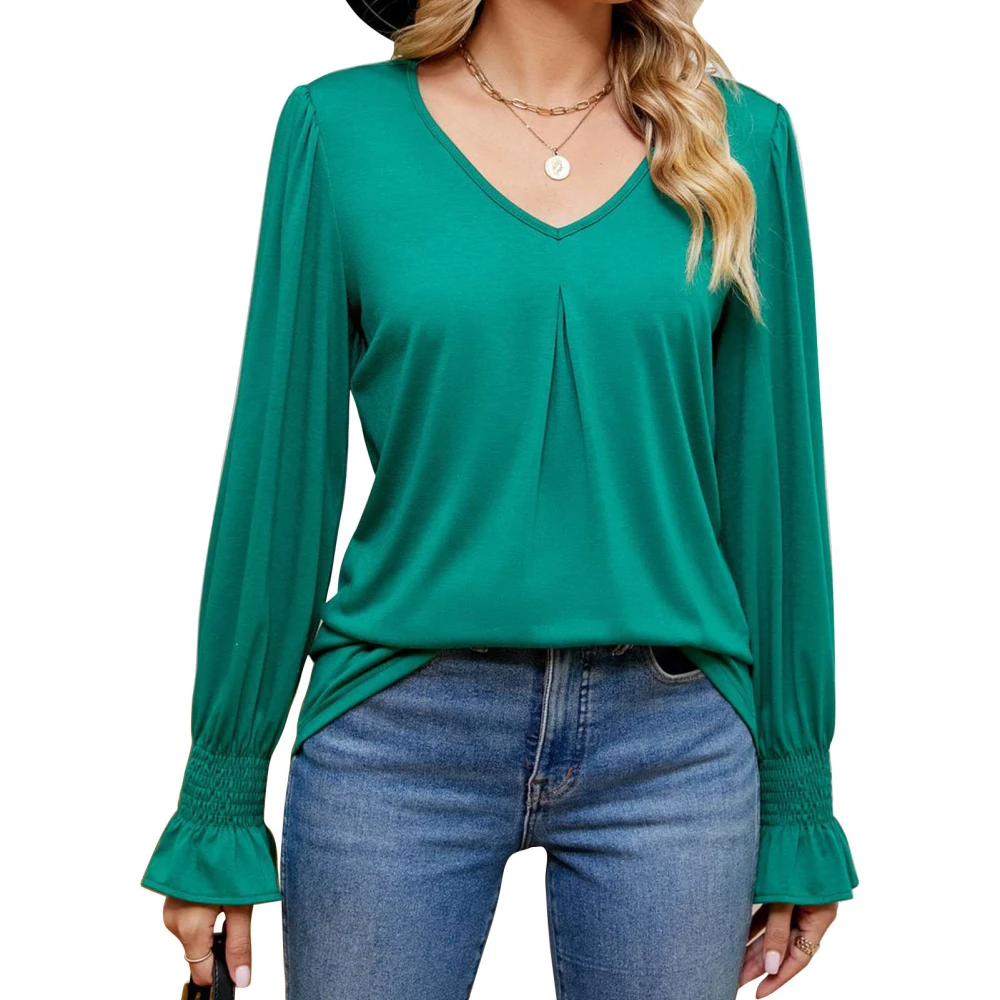 Women Casual Pullover Blouse V Neck Shirred Pure Color Leisure Loose Shirt Long Sleeve Basic Blouse Green XL