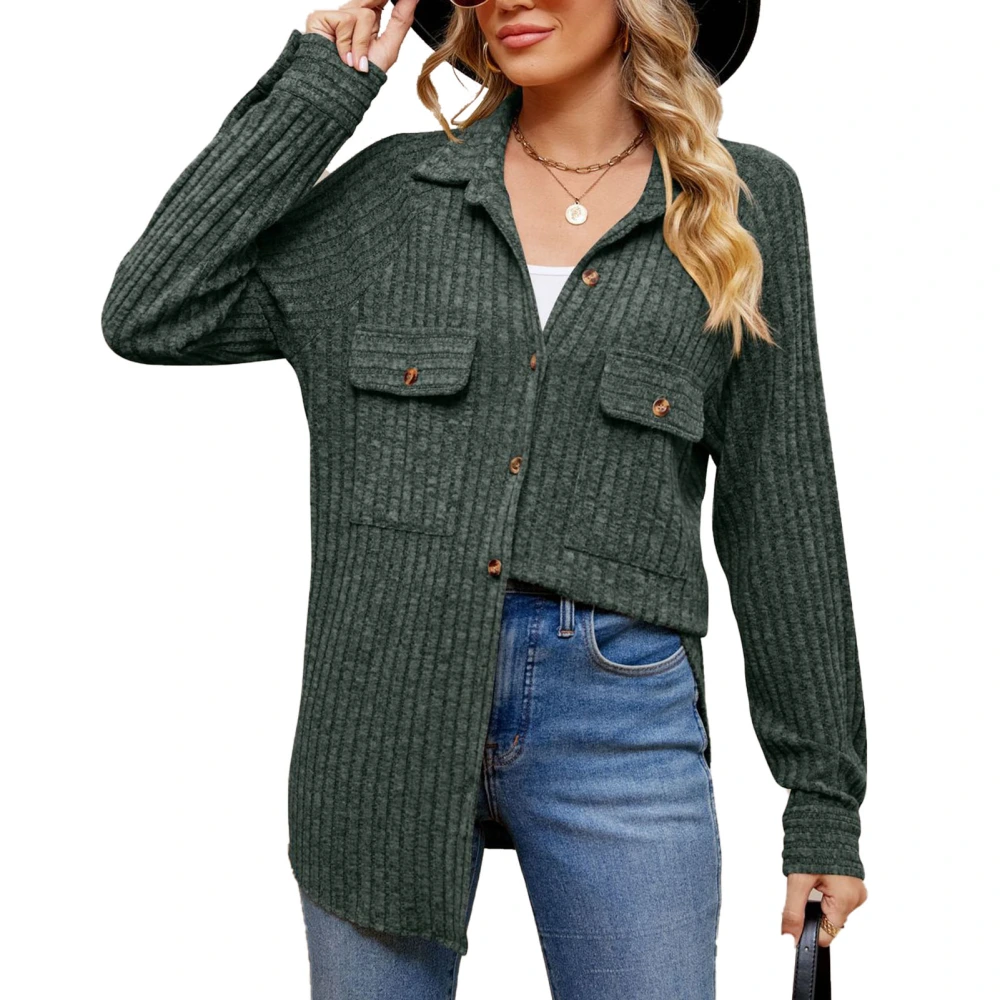 Women Rib Single Breasted Coat Turn Down Collar Pure Color Long Sleeve Rib Casual Coat Green XL