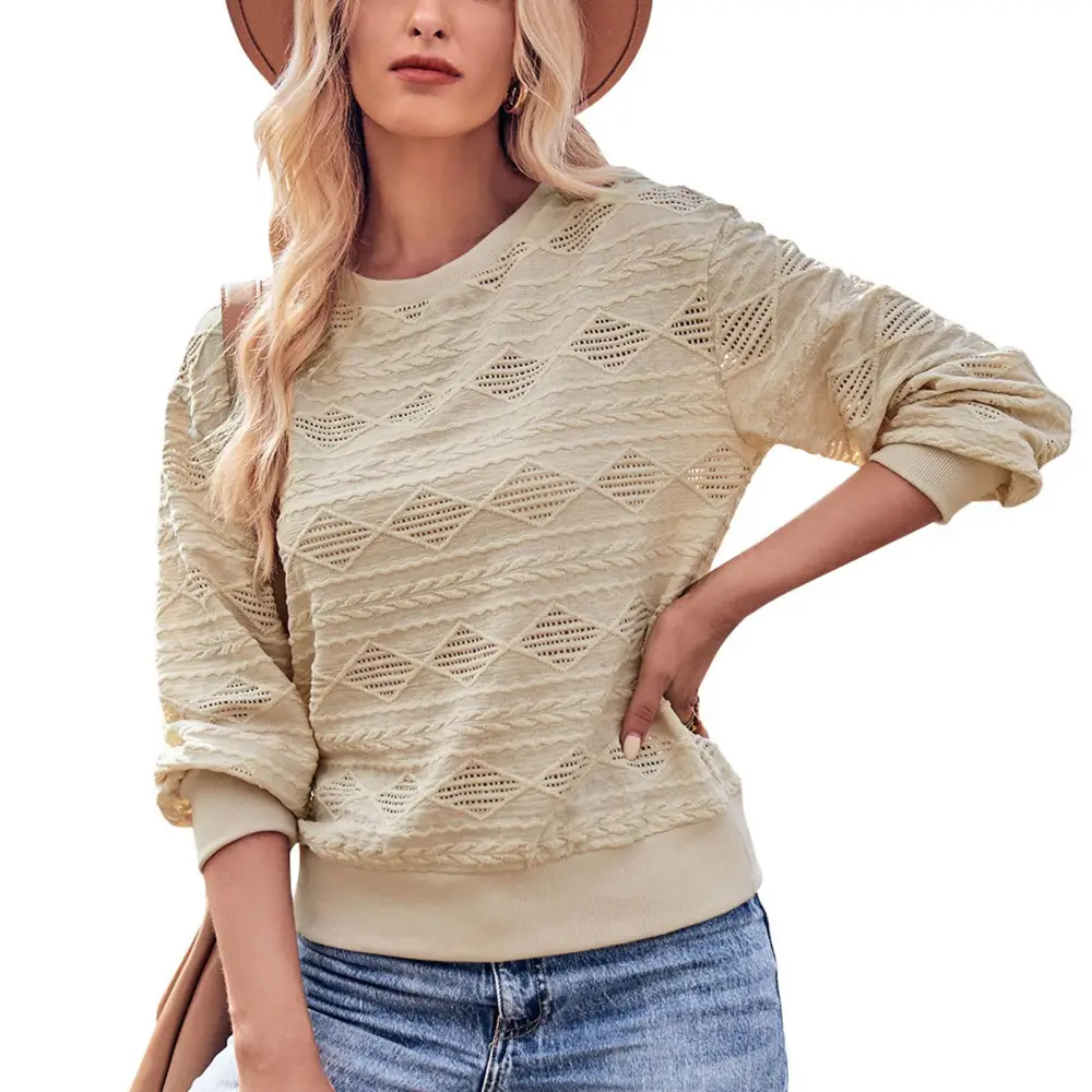 Women Round Neck T Shirt Hollow Out Long Sleeves Loose Fitting Casual Knitted Top for Daily Use Apricot XL