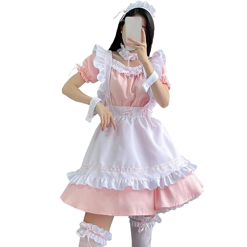 Maid Costume Ruffle Frill Trim Cute Bow Apron Dress Cosplay Makeup Outfit with Headwear Neck Leg Ring for Party Pink White XL