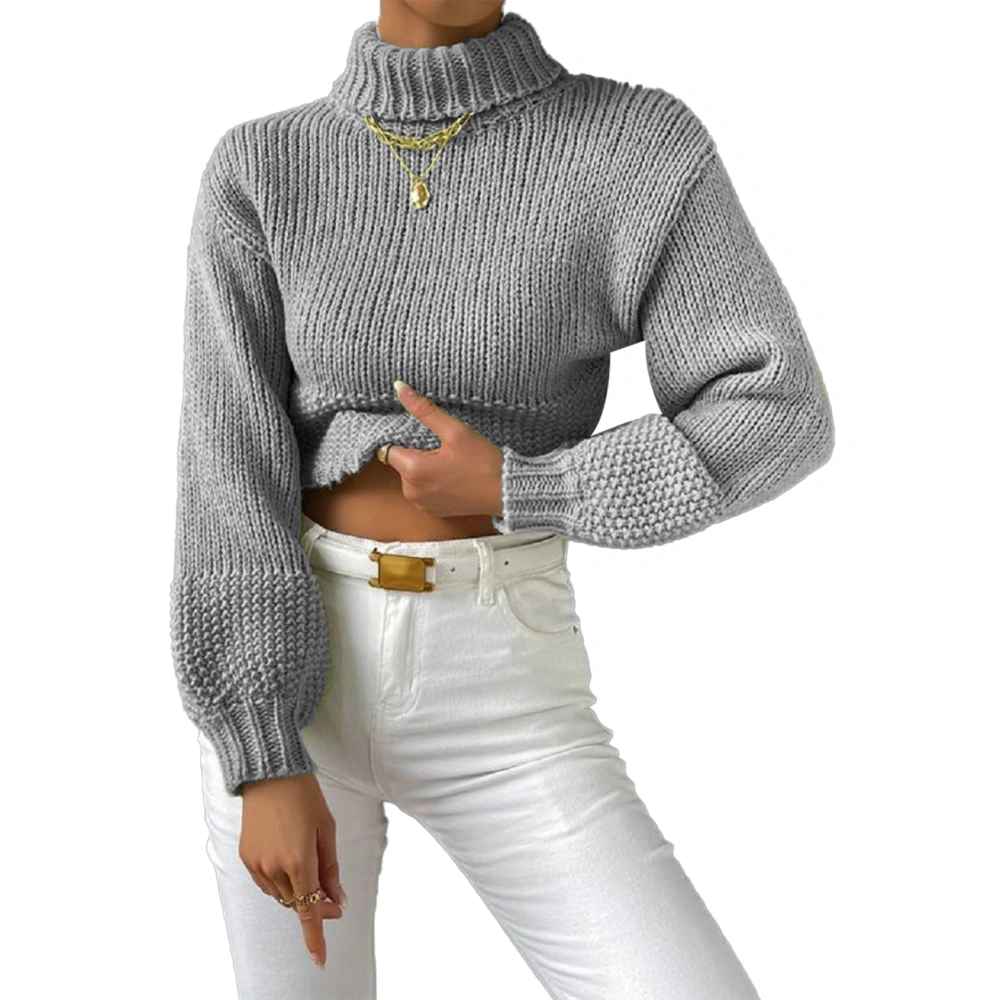 Women Turtleneck Sweater Lantern Long Sleeve Loose Fit Casual Knit Pullover Sweater Grey XXL