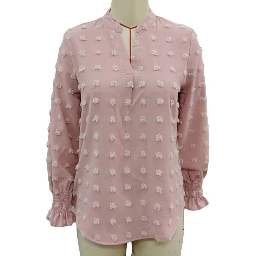 Women V Neck Long Sleeve Blouse Shirred Jacquard Pure Color Loose Fit Tunic Pullover Top Pink M