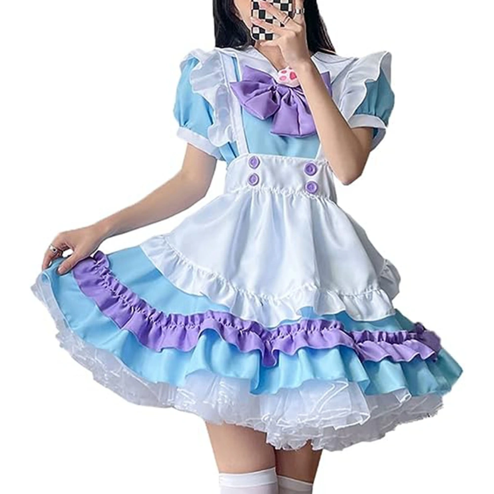 Cute Maid Dress Short Sleeve Sweet Maid Outfit with Apron Big Bow Headwear for Party Blue Purple XXL