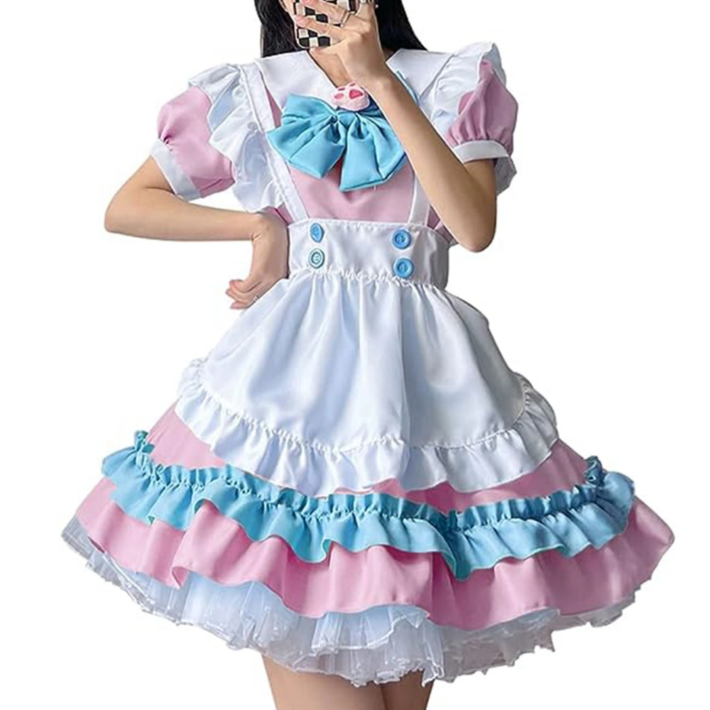 Cute Maid Dress Short Sleeve Sweet Maid Outfit with Apron Big Bow Headwear for Party Pink Blue M