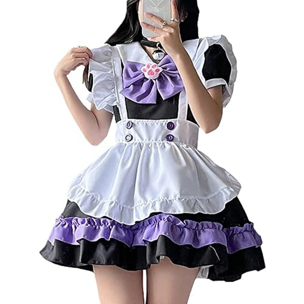 Cute Maid Dress Short Sleeve Sweet Maid Outfit with Apron Big Bow Headwear for Party Black Purple XXL