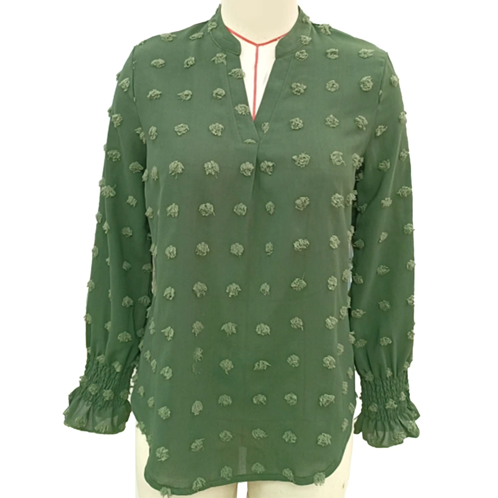 Women V Neck Long Sleeve Blouse Shirred Jacquard Pure Color Loose Fit Tunic Pullover Top Green M