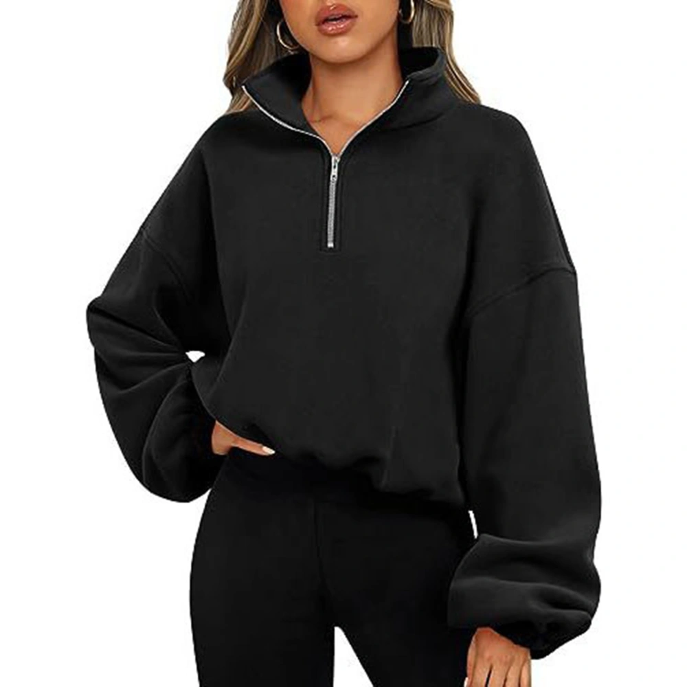 Women Half Zip Fleece Jacket Stand Collar Long Sleeve Pure Color Lady Drawstring Pullover Jacket for Daily Black L