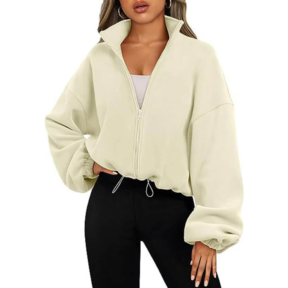 Zip Up Short Fleece Jacket Women Plain Color Long Sleeve Stand Collar Drawstring Elastic Waist Fleece Coat Ivory White M