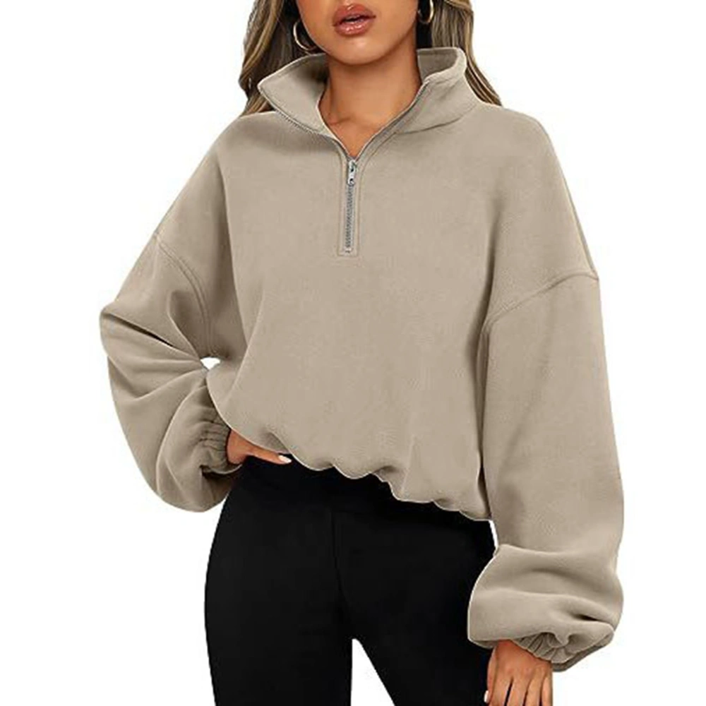 Women Half Zip Fleece Jacket Stand Collar Long Sleeve Pure Color Lady Drawstring Pullover Jacket for Daily Khaki XL