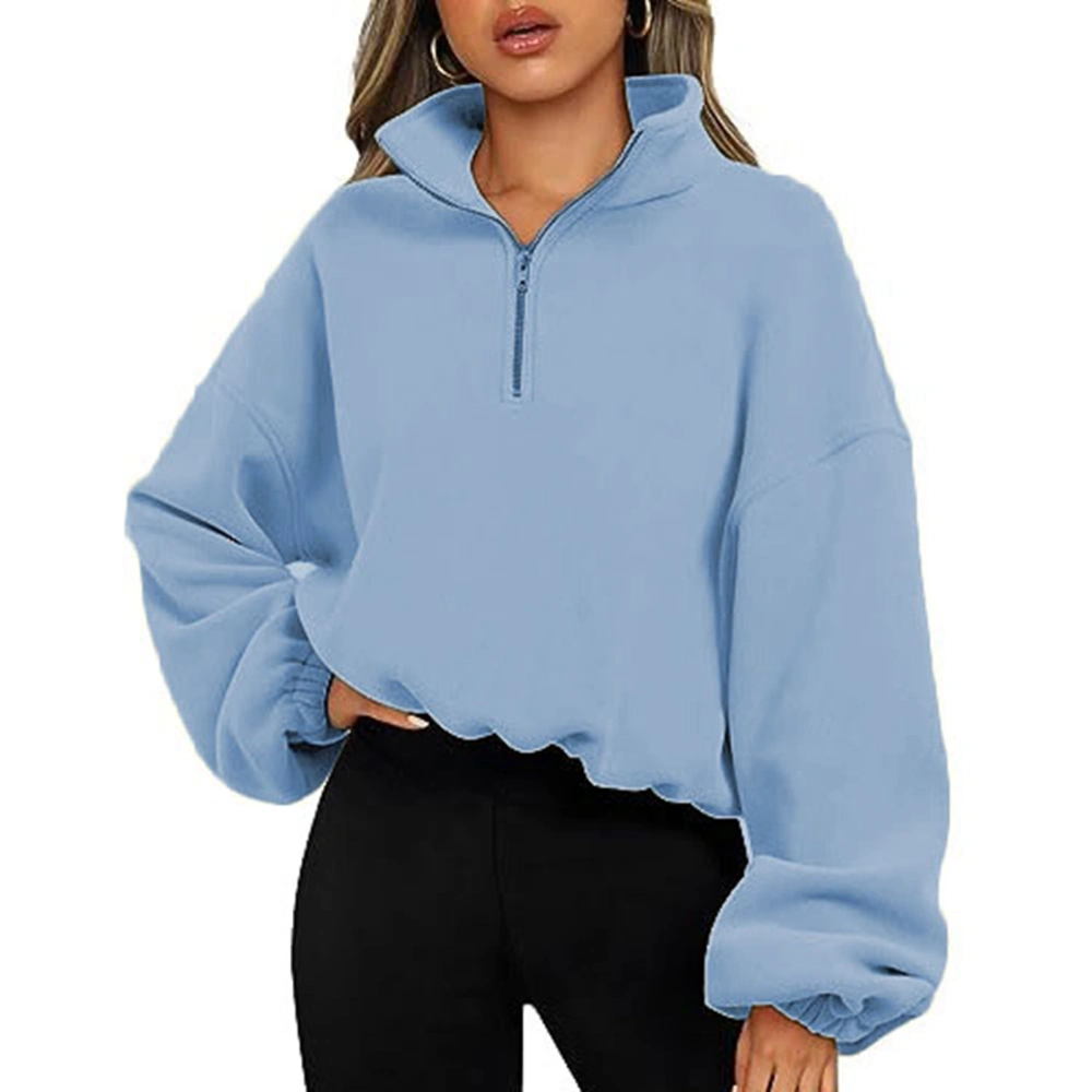 Women Half Zip Fleece Jacket Stand Collar Long Sleeve Pure Color Lady Drawstring Pullover Jacket for Daily Light Blue S