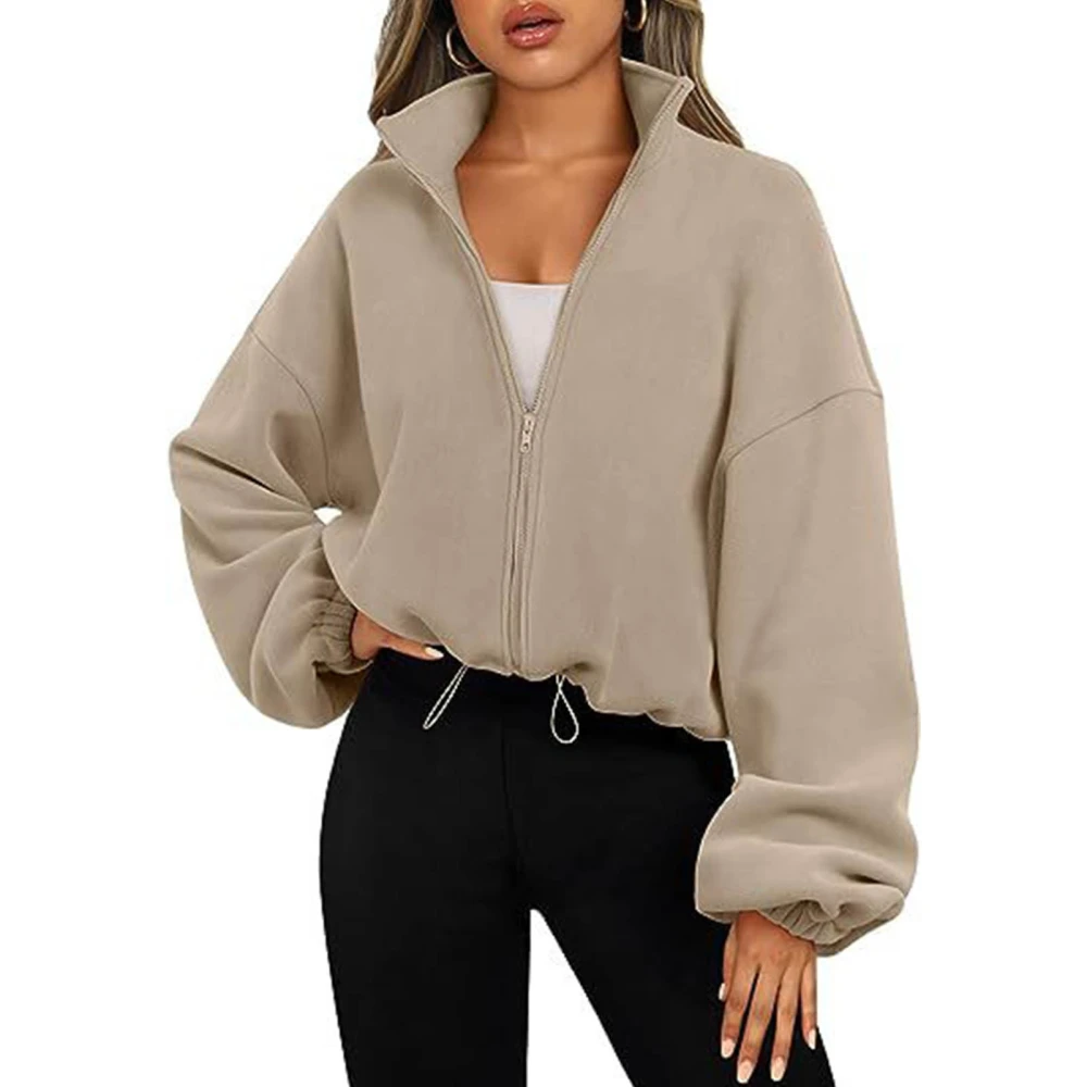 Zip Up Short Fleece Jacket Women Plain Color Long Sleeve Stand Collar Drawstring Elastic Waist Fleece Coat Khaki L