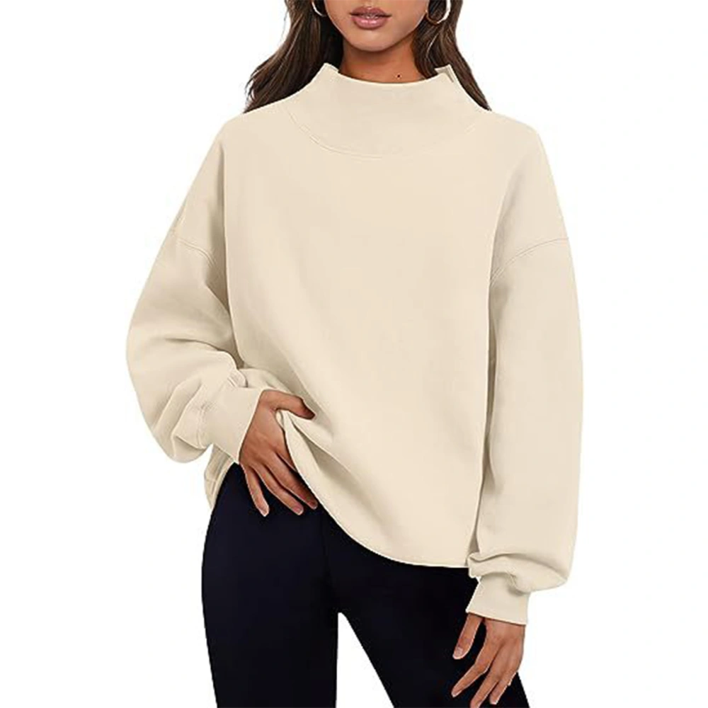 Pure Color Fleece Sweatshirt Half High Collar Loose Long Sleeve Neckline Slit Casual Pullover Sweatshirt for Women Apricot S