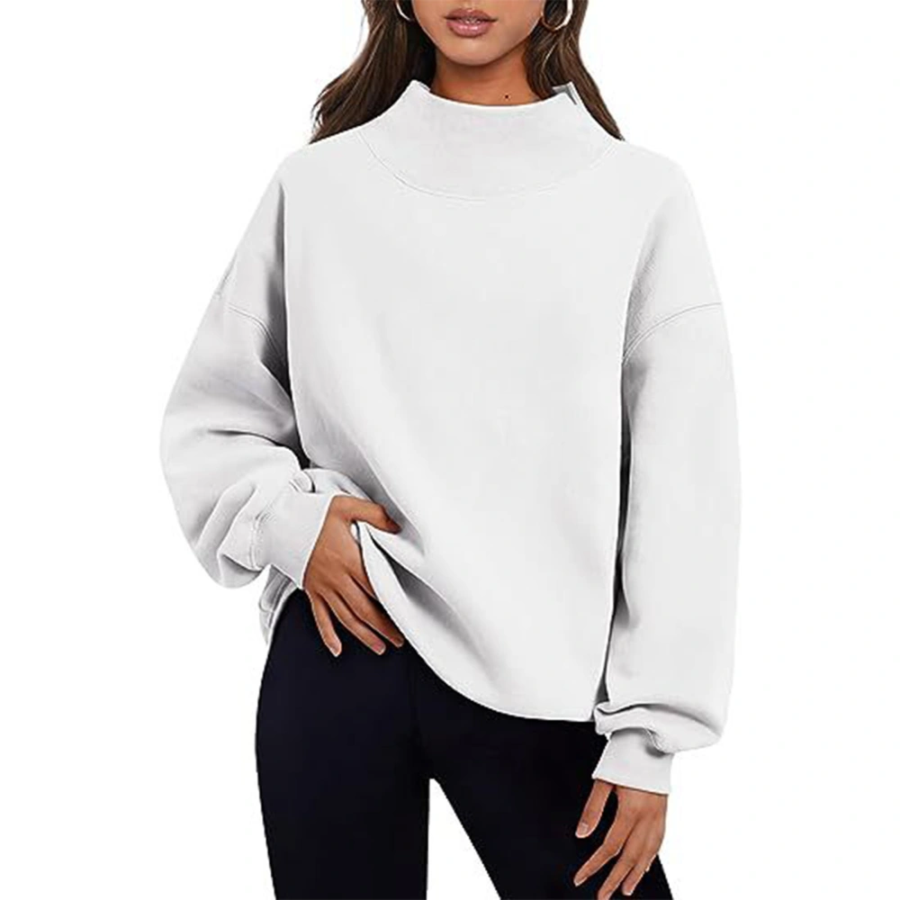 Pure Color Fleece Sweatshirt Half High Collar Loose Long Sleeve Neckline Slit Casual Pullover Sweatshirt for Women White L