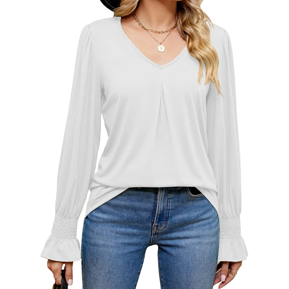 Women Casual Pullover Blouse V Neck Shirred Pure Color Leisure Loose Shirt Long Sleeve Basic Blouse White L