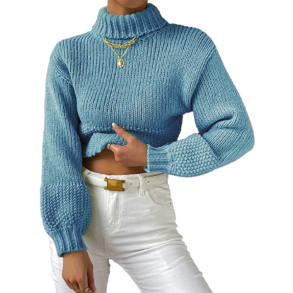 Women Turtleneck Sweater Lantern Long Sleeve Loose Fit Casual Knit Pullover Sweater Sky Blue M