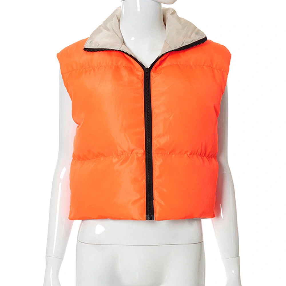 Women Reversible Short Puffer Vest Casual Sleeveless Stand Collar Zip Up Padded Coat Outerwear Orange and Apricot M