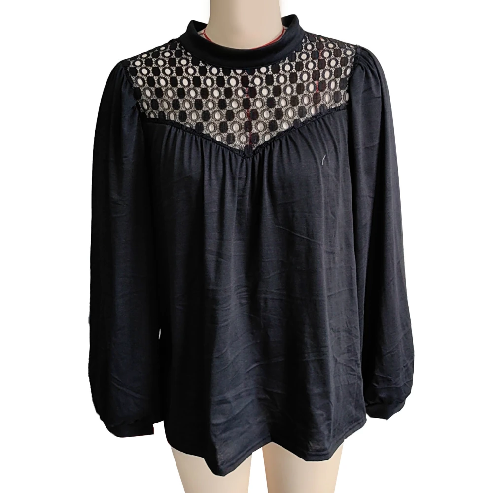 Lace Stitching Long Sleeve Blouse Round Neck Casual Fitted Lace Stitching Blouse for Women Black S