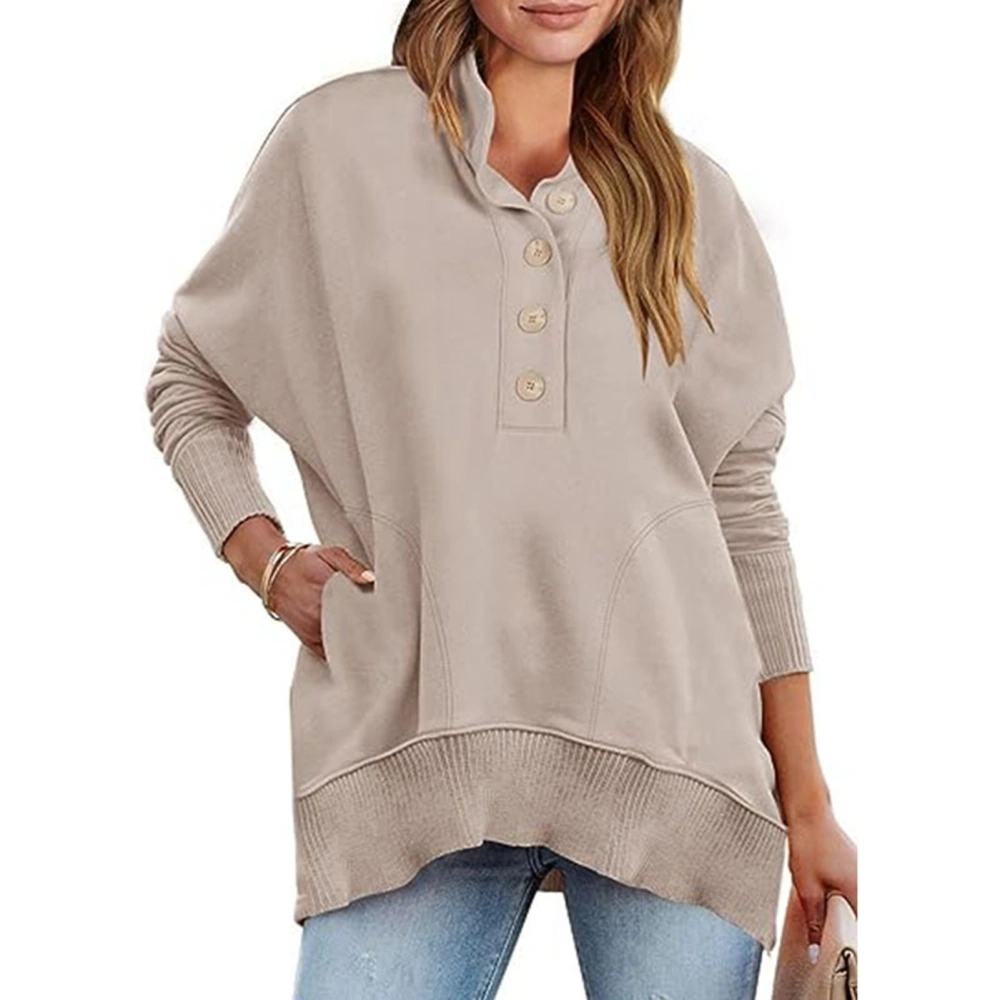 Women Long Sleeves Fleece Sweatshirt Stand Collar Half Button Closure Casual Splicing Pullover Top Khaki XXL