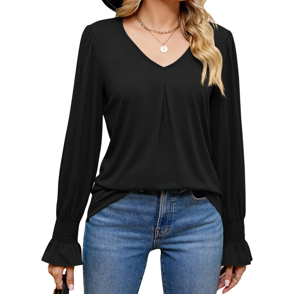 Women Casual Pullover Blouse V Neck Shirred Pure Color Leisure Loose Shirt Long Sleeve Basic Blouse Black L