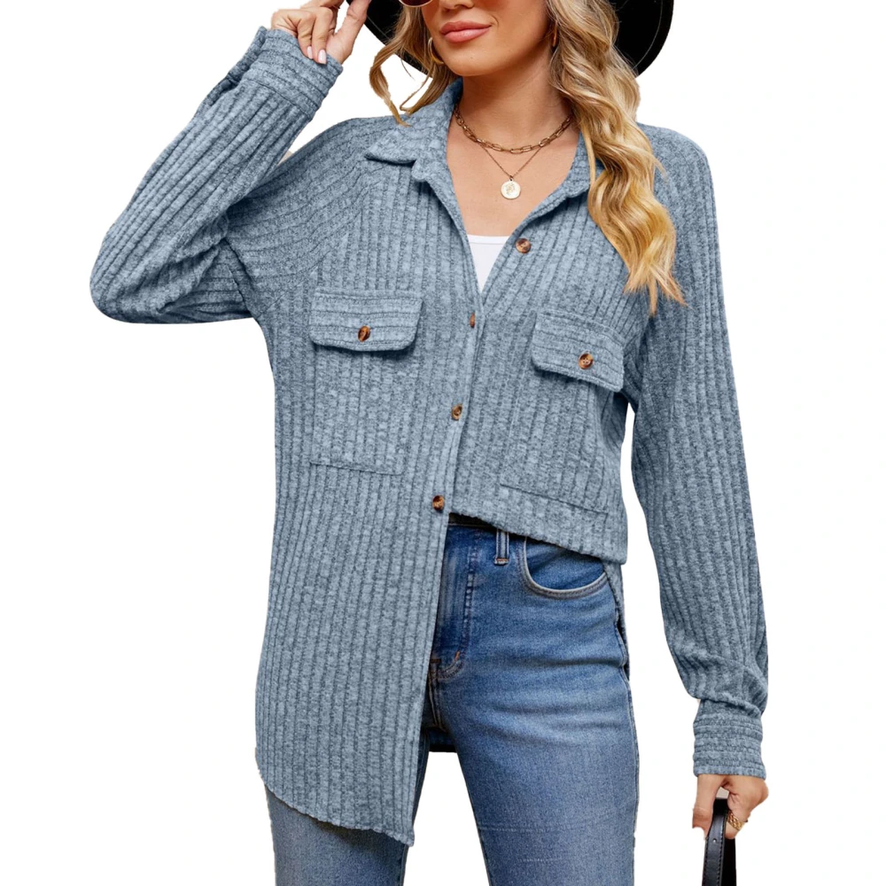 Women Rib Single Breasted Coat Turn Down Collar Pure Color Long Sleeve Rib Casual Coat Blue S