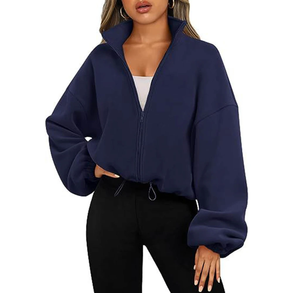 Zip Up Short Fleece Jacket Women Plain Color Long Sleeve Stand Collar Drawstring Elastic Waist Fleece Coat Navy Blue M