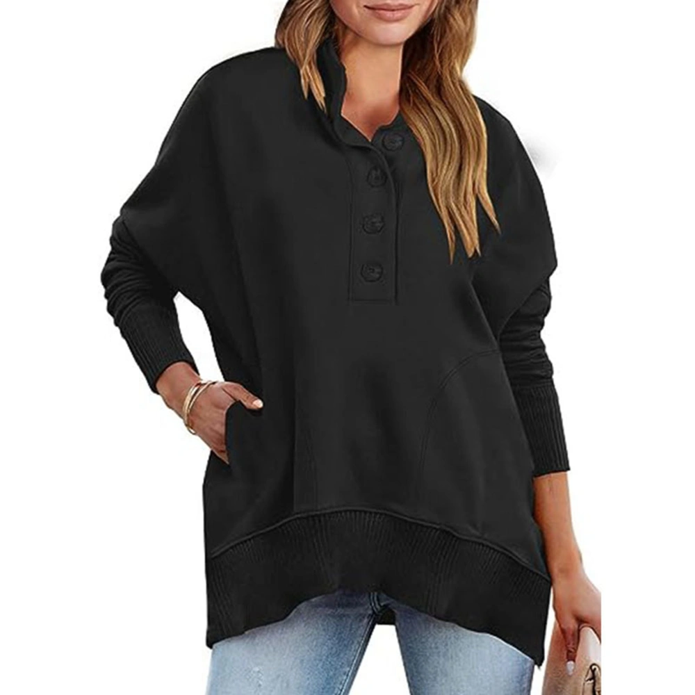 Women Long Sleeves Fleece Sweatshirt Stand Collar Half Button Closure Casual Splicing Pullover Top Black XXL