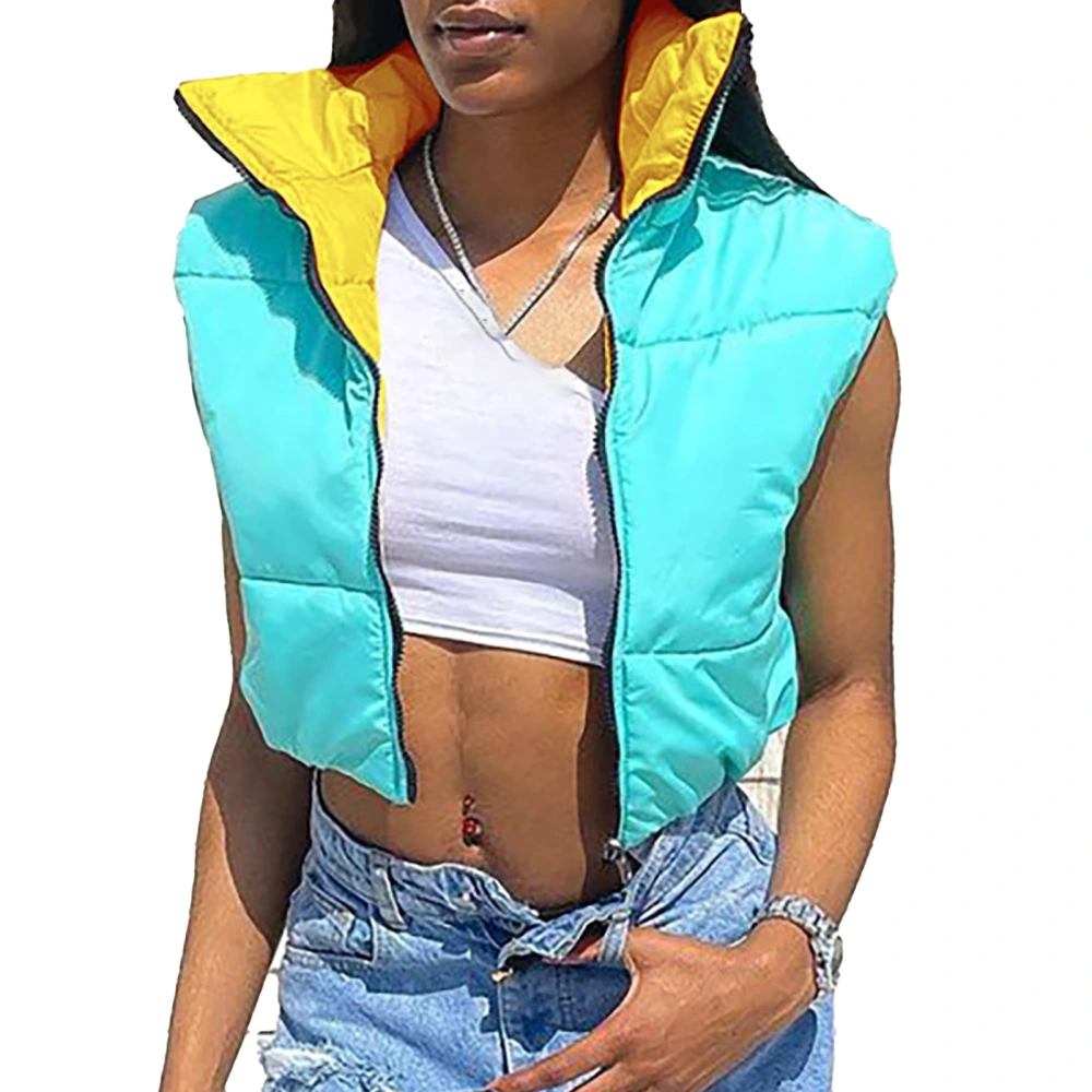 Women Reversible Short Puffer Vest Casual Sleeveless Stand Collar Zip Up Padded Coat Outerwear Blue and Yellow S