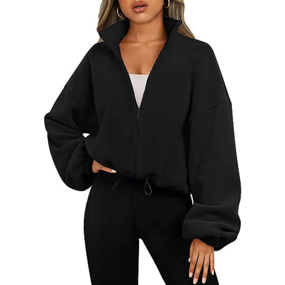 Zip Up Short Fleece Jacket Women Plain Color Long Sleeve Stand Collar Drawstring Elastic Waist Fleece Coat Black XL