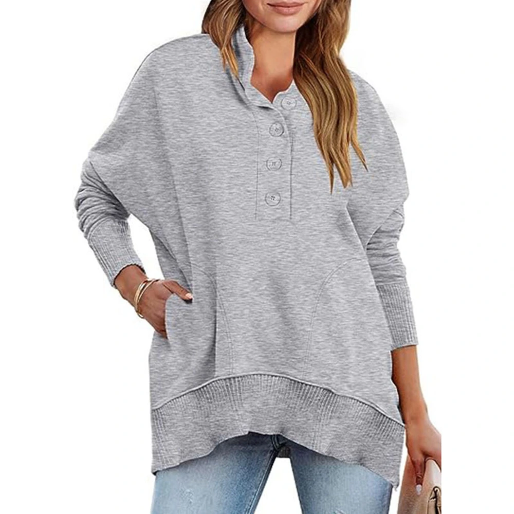 Women Long Sleeves Fleece Sweatshirt Stand Collar Half Button Closure Casual Splicing Pullover Top Light Gray XXL