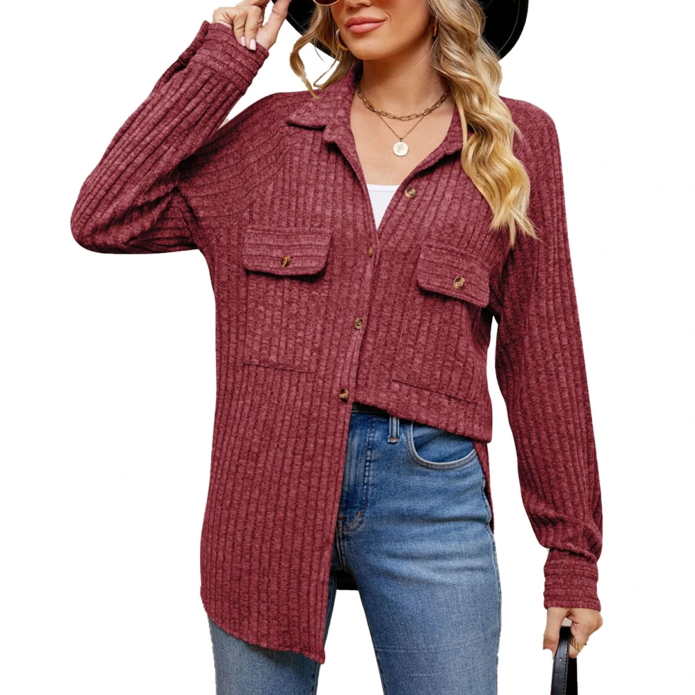 Women Rib Single Breasted Coat Turn Down Collar Pure Color Long Sleeve Rib Casual Coat Red XXL