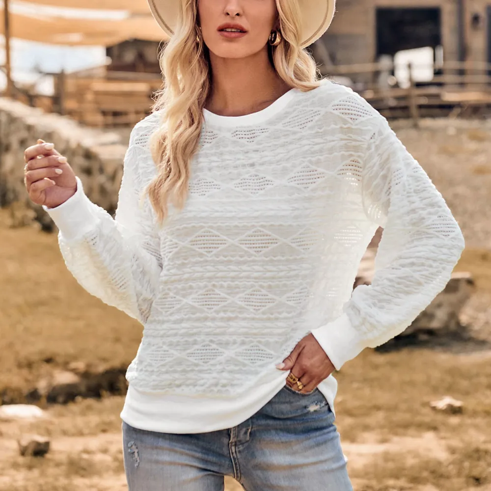 Women Round Neck T Shirt Hollow Out Long Sleeves Loose Fitting Casual Knitted Top for Daily Use White M