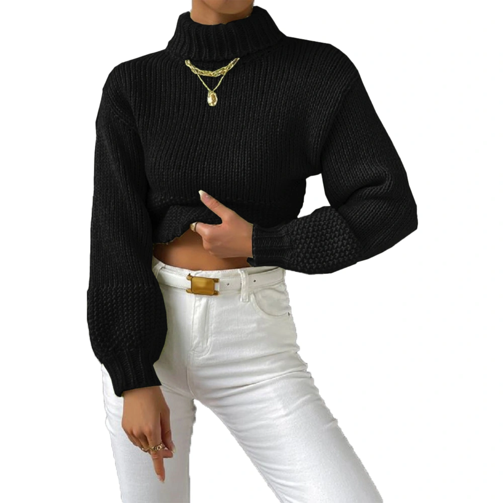 Women Turtleneck Sweater Lantern Long Sleeve Loose Fit Casual Knit Pullover Sweater Black S