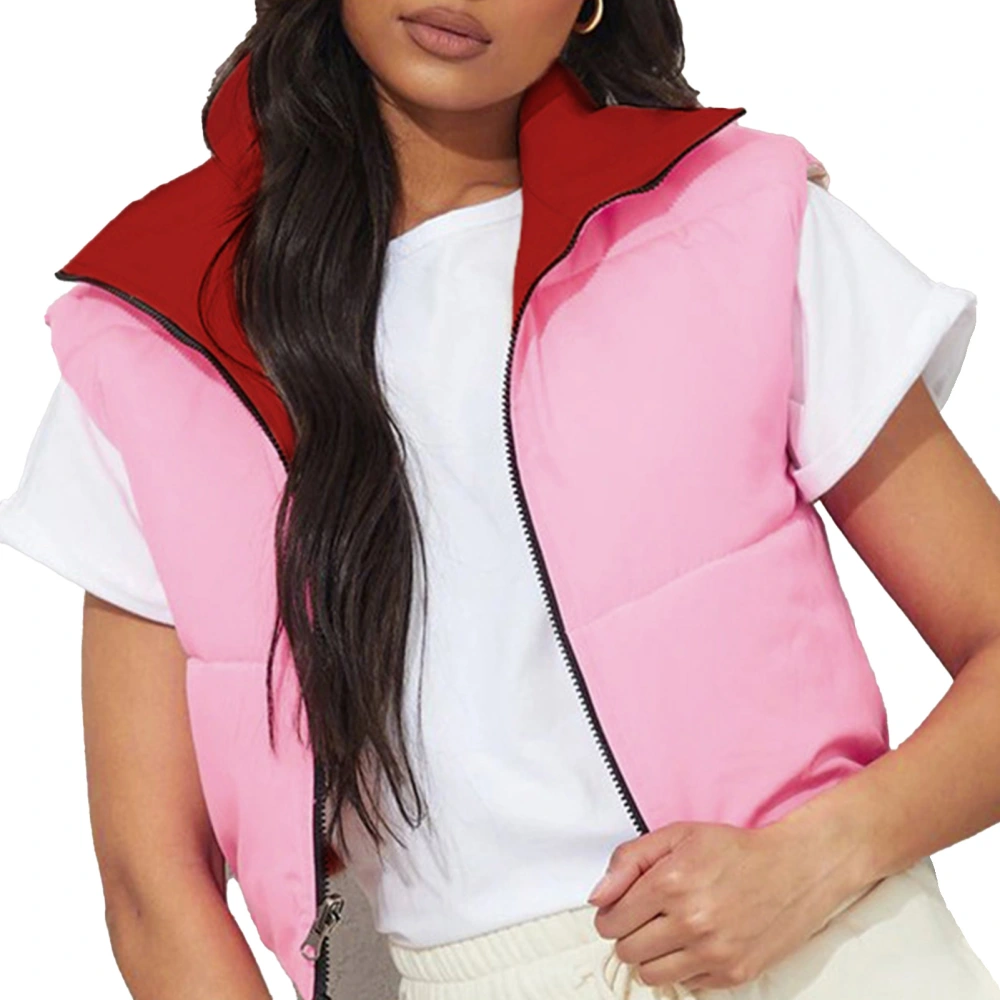 Women Reversible Short Puffer Vest Casual Sleeveless Stand Collar Zip Up Padded Coat Outerwear Pink and Red S