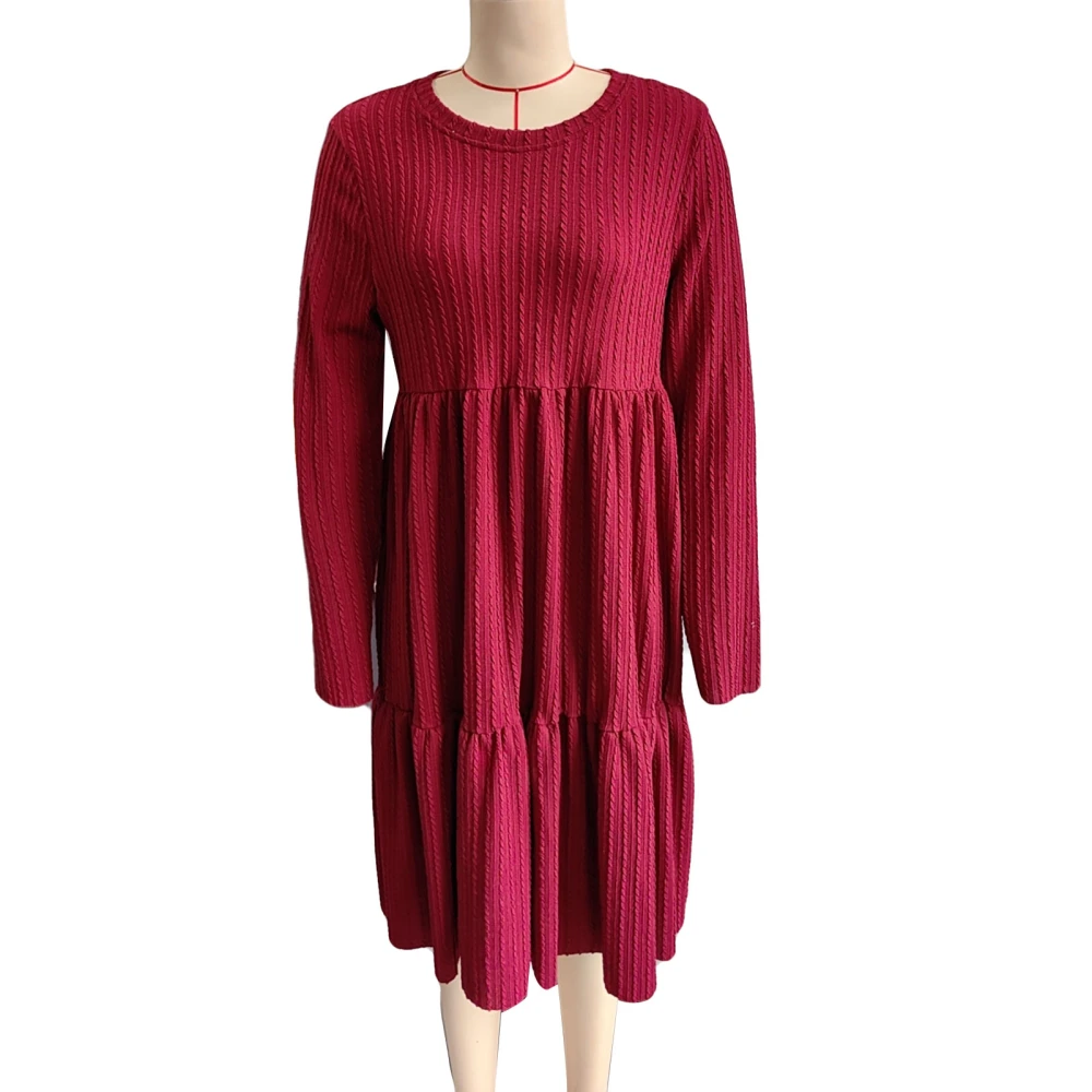 Women Long Sleeve Maternity Dress Twist Texture Round Collar Ruffle Hem Dress for Daily Wear Wine Red XXL