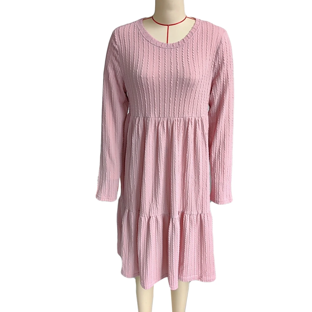 Maternity Dress Round Neck Long Sleeve Ruffle Hem Twist Texture Pure Color Women Dress Pink S