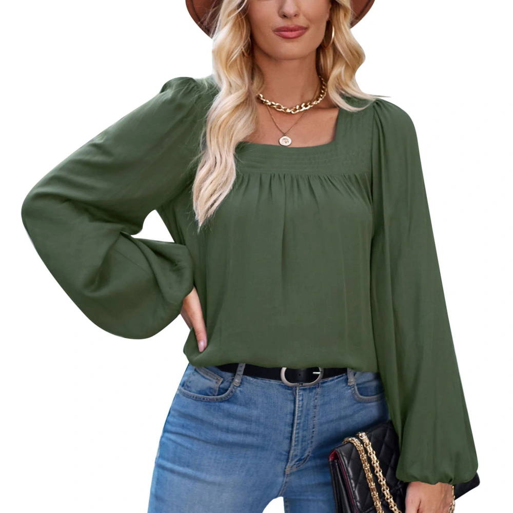 Women Blouse Long Puff Sleeve Pleated Chest Pure Color Stylish Lady Top for Shopping Dating Work OD Green XL