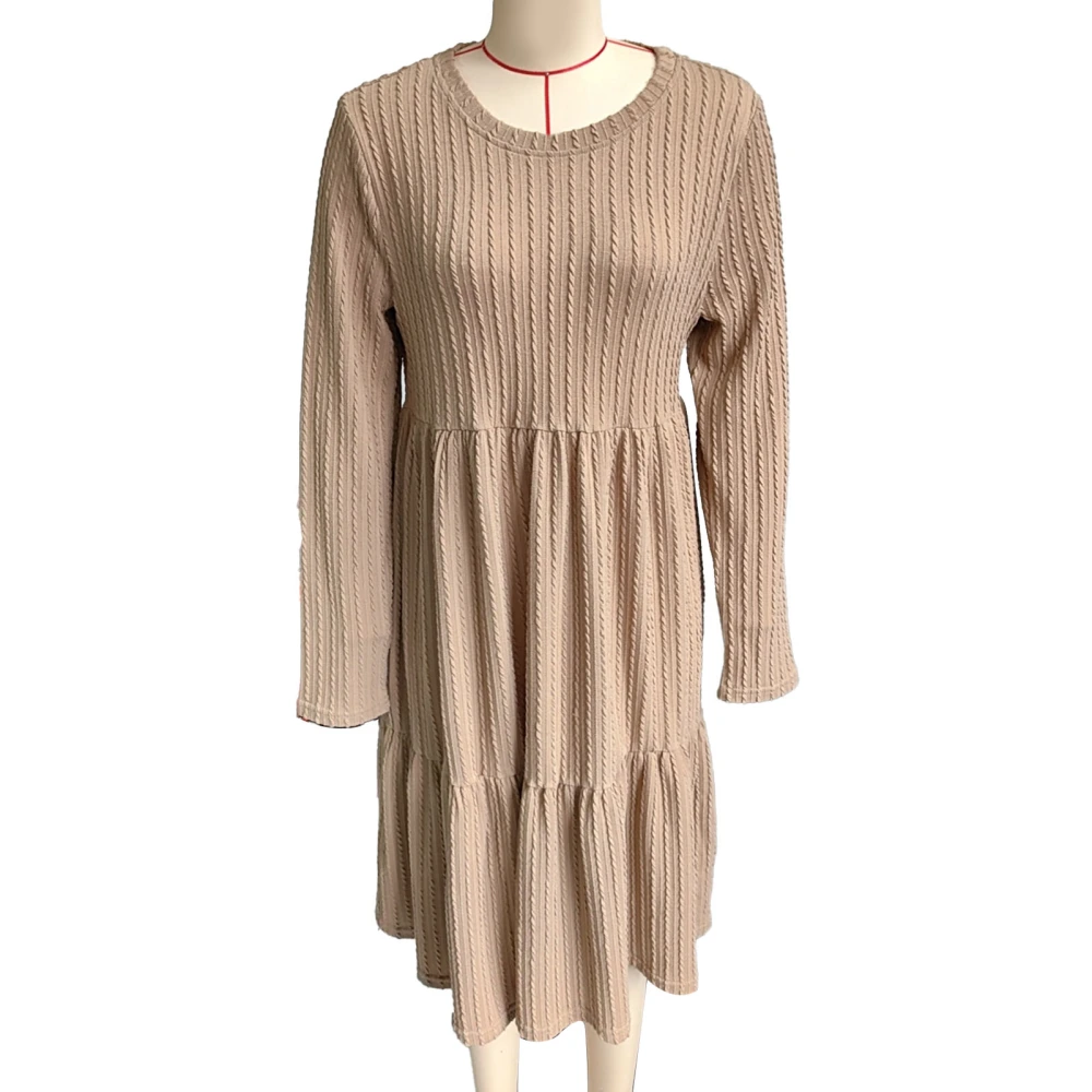 Women Long Sleeve Maternity Dress Twist Texture Round Collar Ruffle Hem Dress for Daily Wear Khaki M