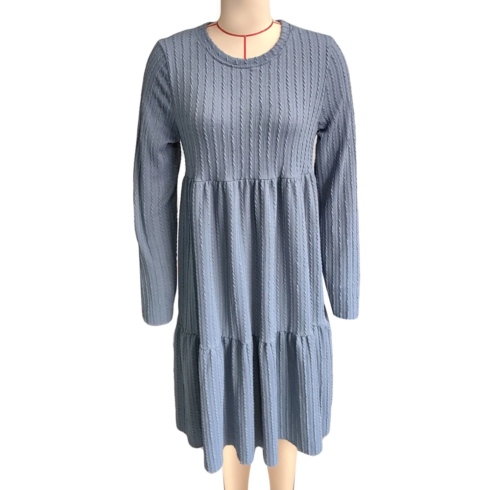 Maternity Dress Round Neck Long Sleeve Ruffle Hem Twist Texture Pure Color Women Dress Misty Blue L