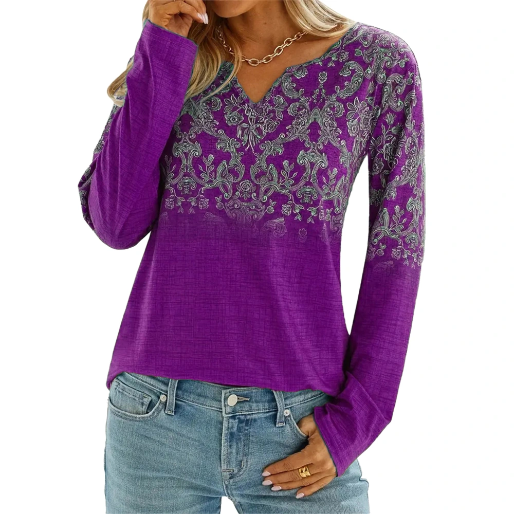 Women V Neck Fall Top Floral Printed Long Sleeve Casual Loose Fit Pullover T Shirt Purple M