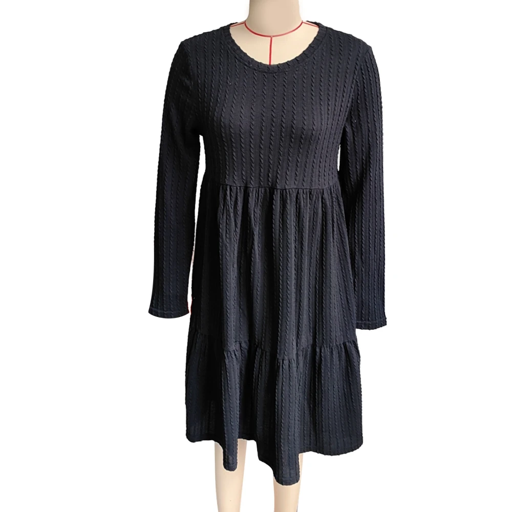 Maternity Dress Round Neck Long Sleeve Ruffle Hem Twist Texture Pure Color Women Dress Black M