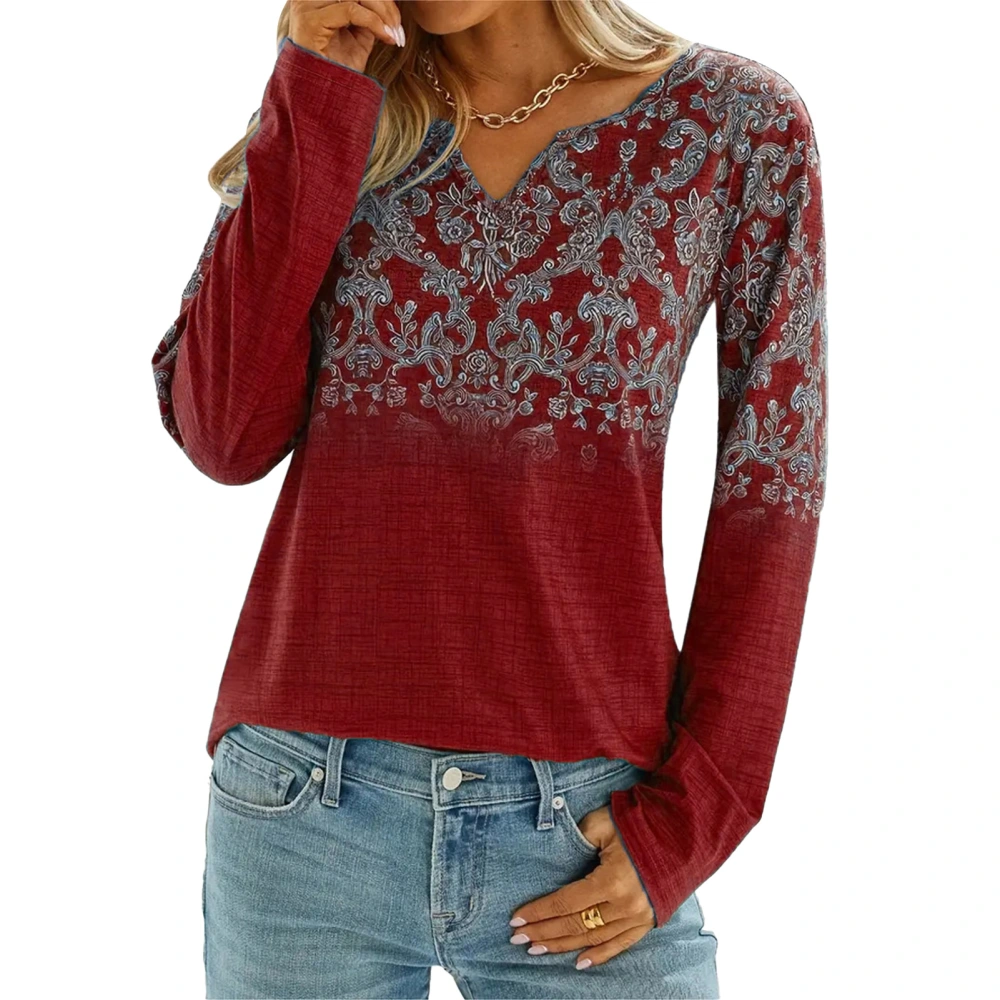 Women V Neck Fall Top Floral Printed Long Sleeve Casual Loose Fit Pullover T Shirt Wine Red L