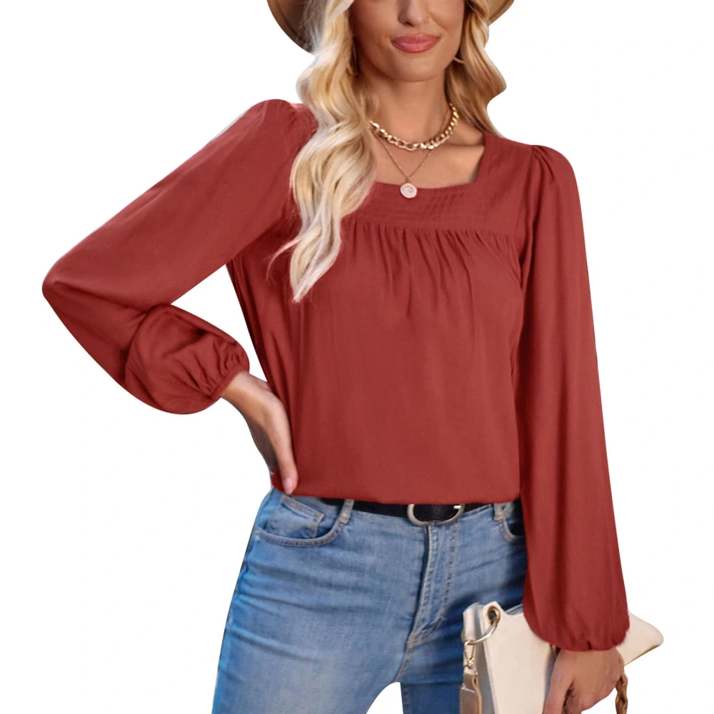 Women Blouse Long Puff Sleeve Pleated Chest Pure Color Stylish Lady Top for Shopping Dating Work Brownish Red XL