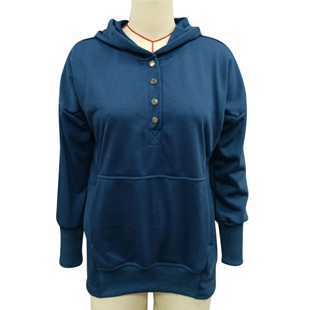 Women Long Sleeve Hoodie Loose Casual Plain Color V Neck Button Pullover Sweatshirt for Sports Party Dark Blue S