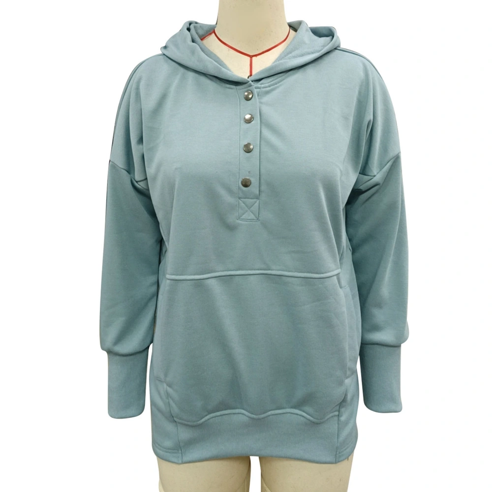 Women Long Sleeve Hoodie Loose Casual Plain Color V Neck Button Pullover Sweatshirt for Sports Party Light Blue XXL