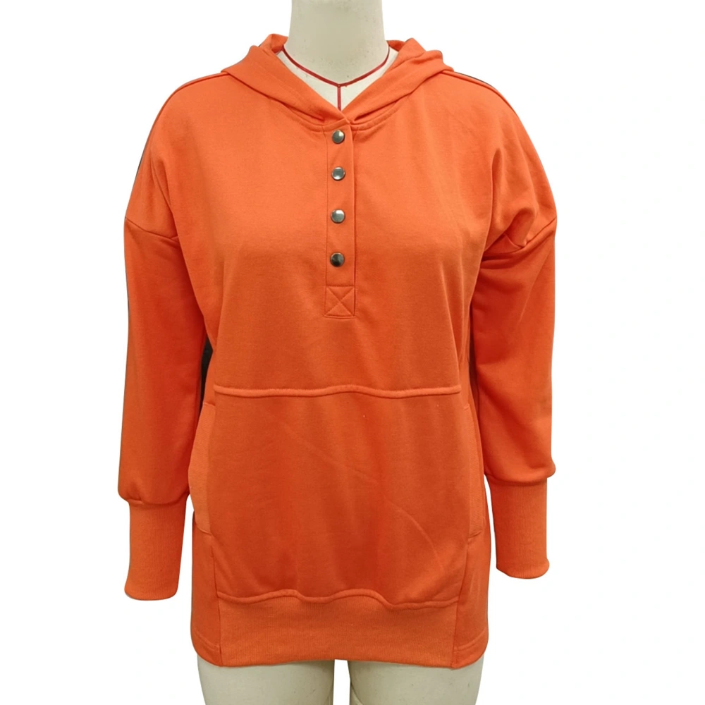 Women Long Sleeve Hoodie Loose Casual Plain Color V Neck Button Pullover Sweatshirt for Sports Party Orange S