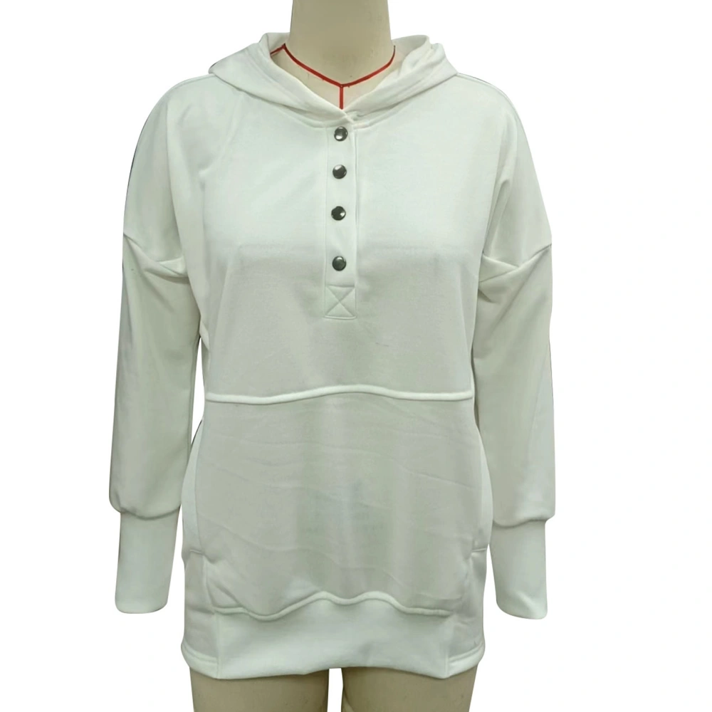 Women Casual Hoodies Pullover Plain Color Button Front Long Sleeve Sweatshirt for Daily Life White XXL